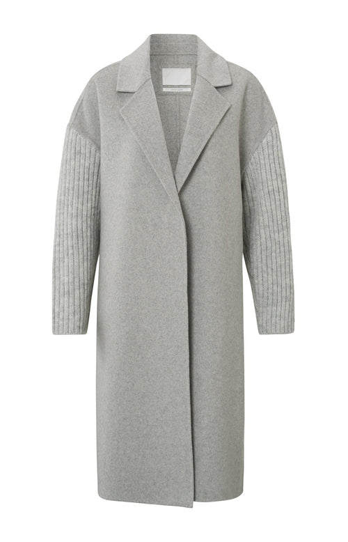 Lange jas met kraag, lang gebreide mouwen en tailleband - Mid Grey Melange