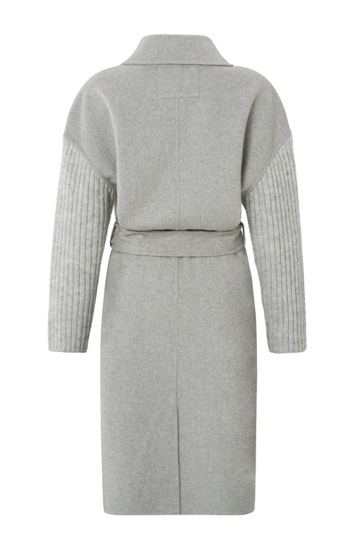 Lange jas met kraag, lang gebreide mouwen en tailleband - Mid Grey Melange