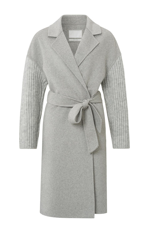 Lange jas met kraag, lang gebreide mouwen en tailleband - Mid Grey Melange - Type: product