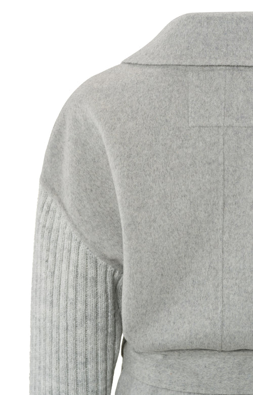 Lange jas met kraag, lang gebreide mouwen en tailleband - Mid Grey Melange